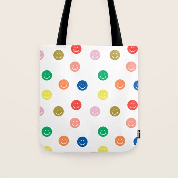 Smiley Faces Happy Simple Rainbow Colors Pattern Smile Face Kids Nursery Boys Girls Decor Tote Bag
