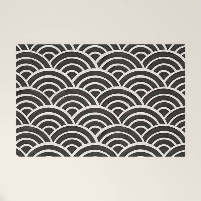Japanese Seigaiha Wave - Black & White Palette Welcome Mat