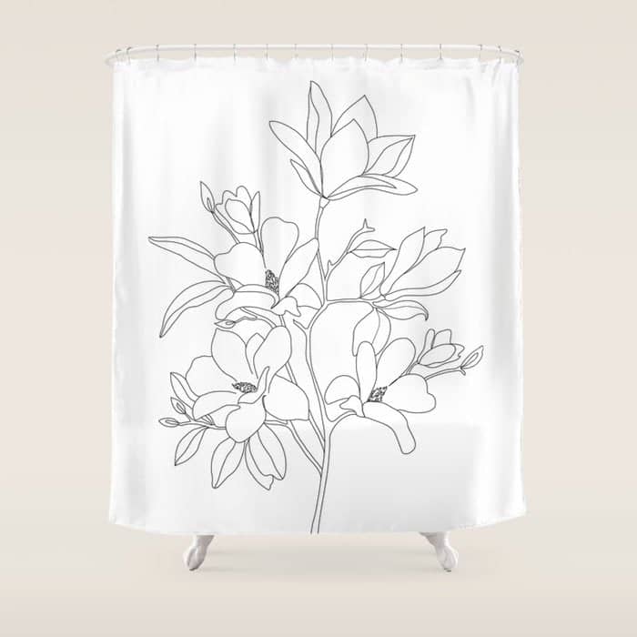 Minimal Line Art Magnolia Flowers Shower Curtain