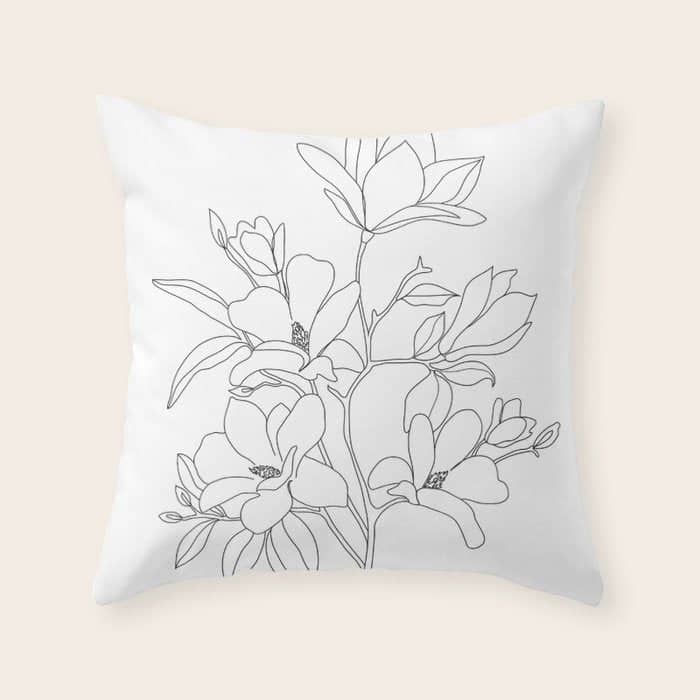 Minimal Line Art Magnolia Flowers Throw Pillow