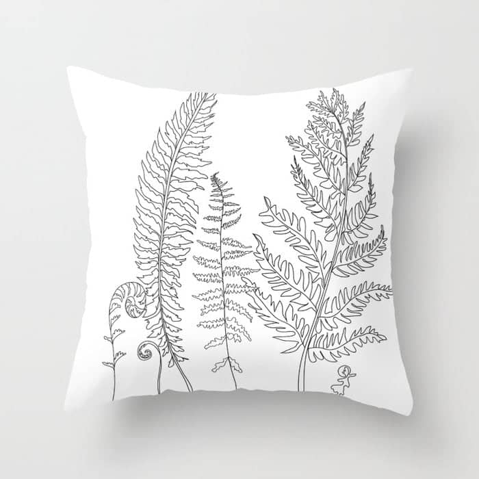 Minimal Line Art Fern Leaves Throw Pillow