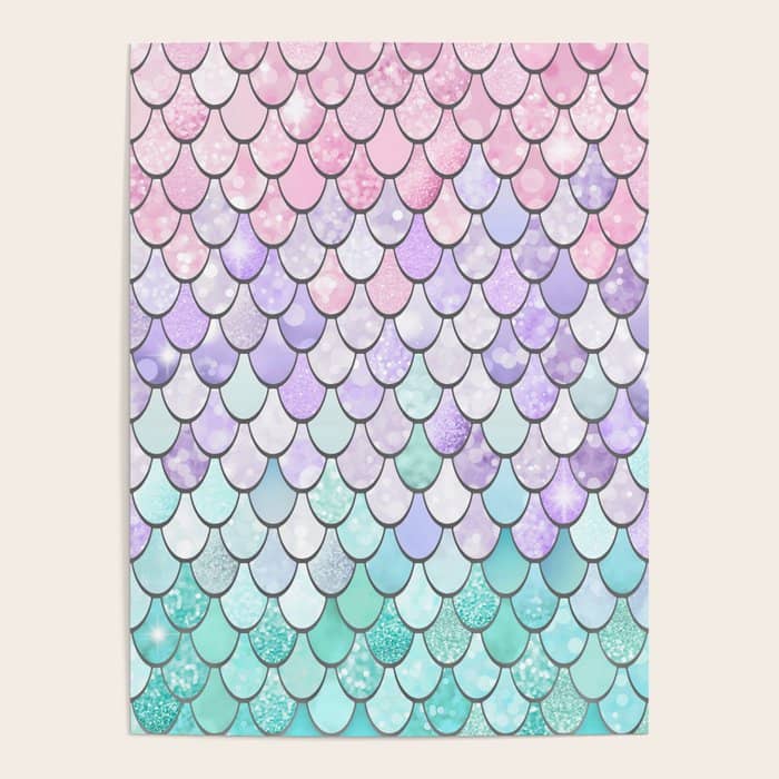Cute Mermaid Pattern, Pink, Purple, Teal, Pastel Aesthetics Poster
