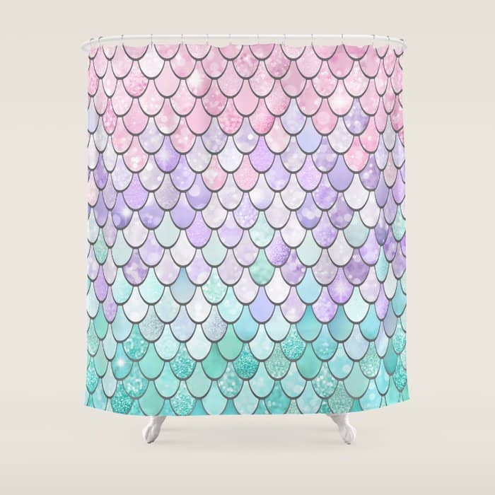 Cute Mermaid Pattern, Pink, Purple, Teal, Pastel Aesthetics Shower Curtain