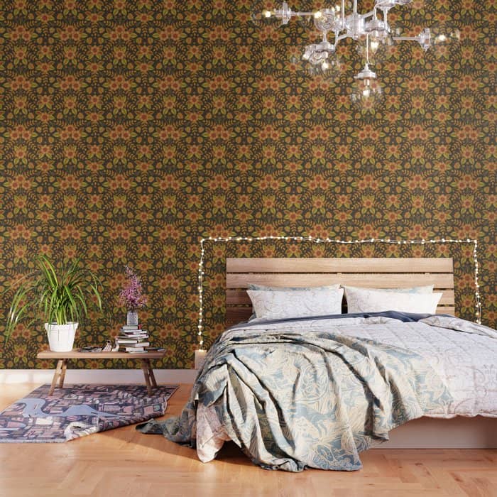 Orange, Peach, Olive Green & Dark Gray Floral Pattern Wallpaper