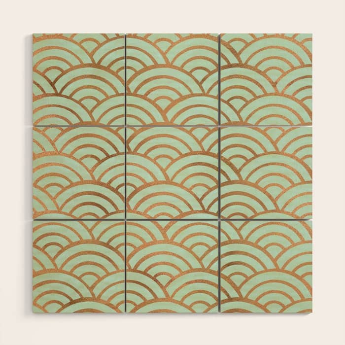 Japanese Seigaiha Wave - Mint & Copper Palette Wood Wall Art