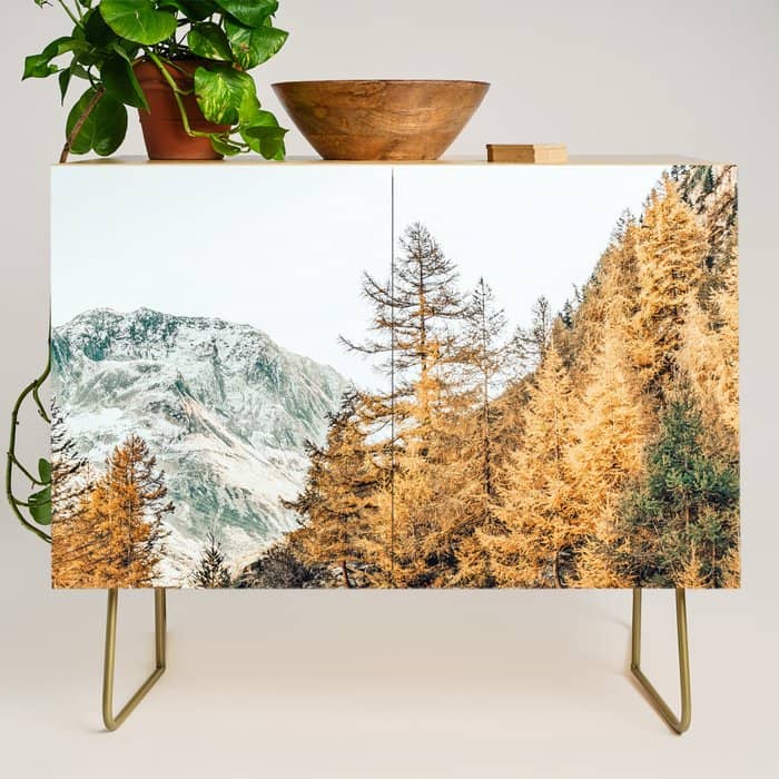 Snow + Golden Pine Photography Landscape Wall Decor, Scenic Nature Credenza