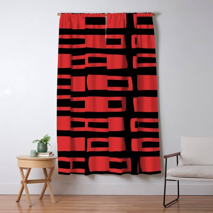 Mid Century Modern Abstract Squares Pattern 541 Black And Red Window Curtain