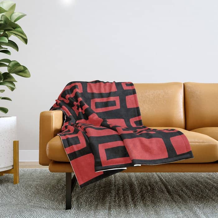 Mid Century Modern Abstract Squares Pattern 541 Black And Red Throw Blanket