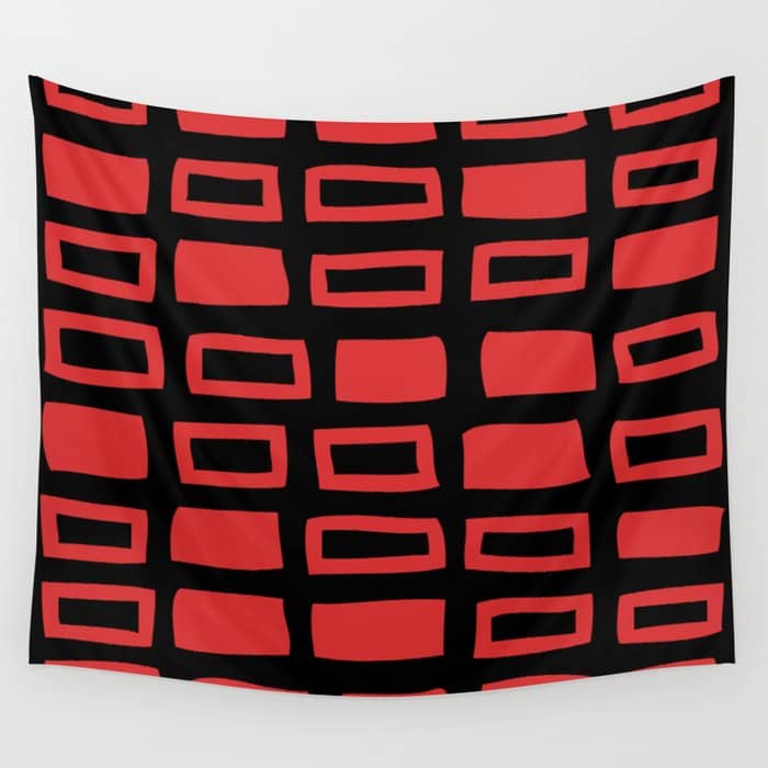 Mid Century Modern Abstract Squares Pattern 541 Black And Red Wall Tapestry