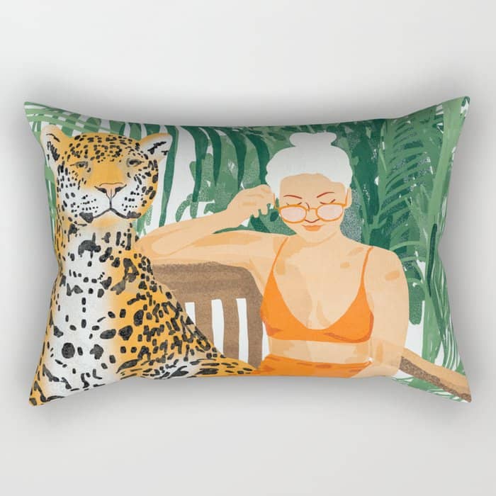 Jungle Vacay | Modern Bohemian Blonde Woman Tropical Travel | Leopard Wildlife Forest Reader Rectangular Pillow