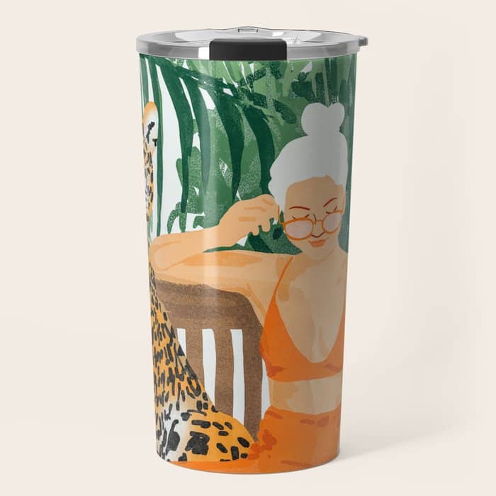 Jungle Vacay | Modern Bohemian Blonde Woman Tropical Travel | Leopard Wildlife Forest Reader Travel Mug