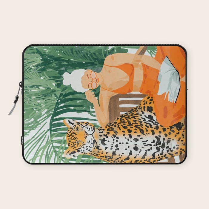 Jungle Vacay | Modern Bohemian Blonde Woman Tropical Travel | Leopard Wildlife Forest Reader Laptop Sleeve