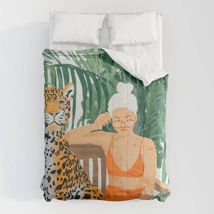 Jungle Vacay | Modern Bohemian Blonde Woman Tropical Travel | Leopard Wildlife Forest Reader Comforter