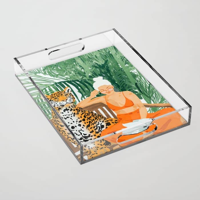 Jungle Vacay | Modern Bohemian Blonde Woman Tropical Travel | Leopard Wildlife Forest Reader Acrylic Tray