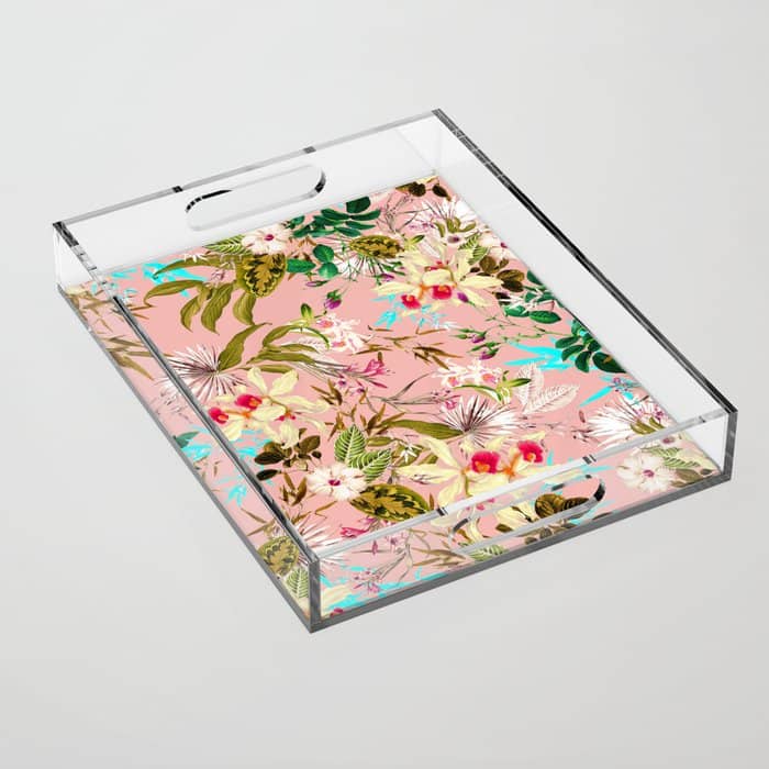 Gardenia | Vintage Botanical Nature Pattern | Blush Boho Plants Garden Floral Acrylic Tray