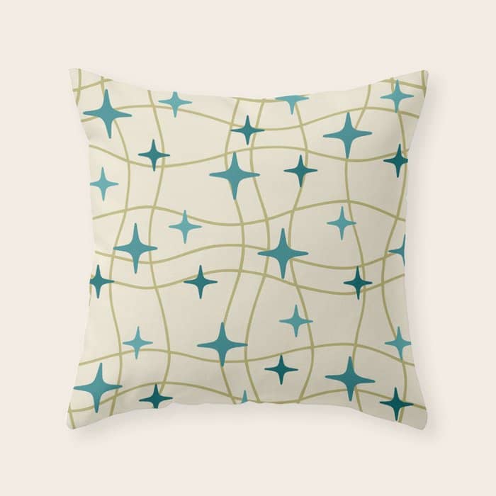 Mid Century Modern Cosmic Star Pattern 693 Cream Turquoise Olive Throw Pillow