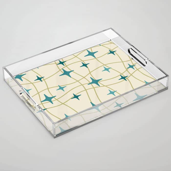 Mid Century Modern Cosmic Star Pattern 693 Cream Turquoise Olive Acrylic Tray
