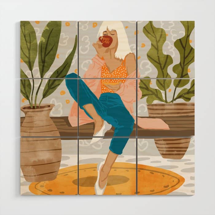 Boss Lady Illustration, Empower Woman Female Feminism, Plant Lady Tea Coffee Painting Wood Wall Art