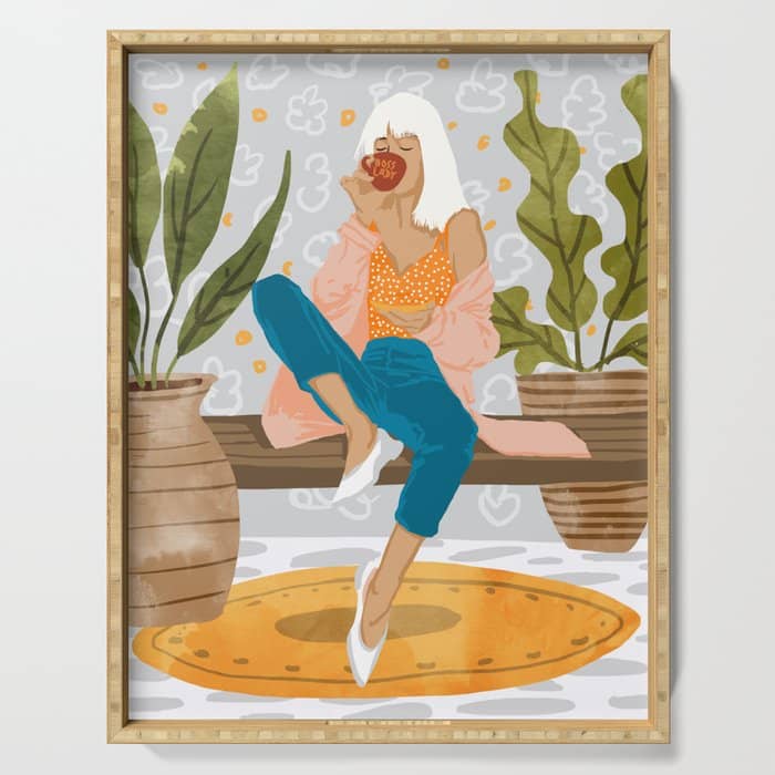 Boss Lady Illustration, Empower Woman Female Feminism, Plant Lady Tea Coffee Painting Serving Tray