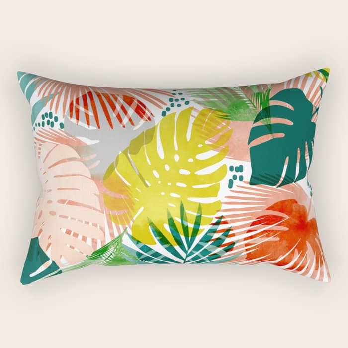 Tropical Garden, Botanical Colorful Jungle Watercolor Painting, Monstera Palm Nature Blush Bohemian Rectangular Pillow
