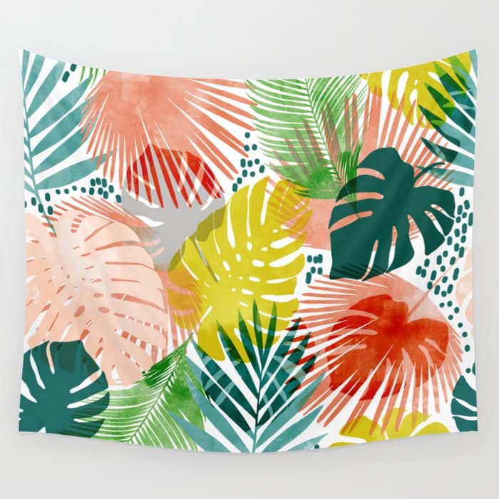 Tropical Garden, Botanical Colorful Jungle Watercolor Painting, Monstera Palm Nature Blush Bohemian Wall Tapestry