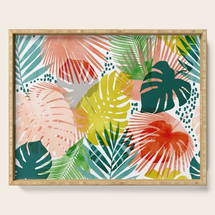 Tropical Garden, Botanical Colorful Jungle Watercolor Painting, Monstera Palm Nature Blush Bohemian Serving Tray