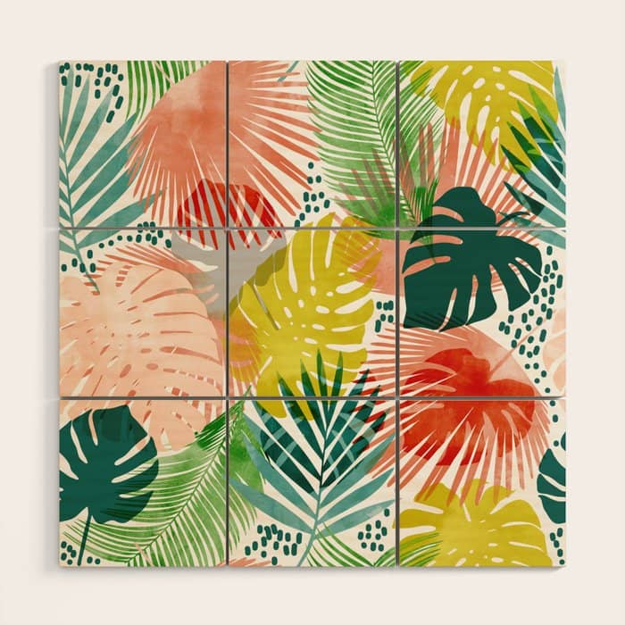 Tropical Garden, Botanical Colorful Jungle Watercolor Painting, Monstera Palm Nature Blush Bohemian Wood Wall Art