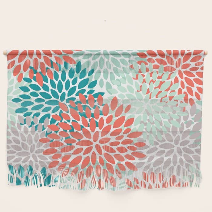Floral Pattern, Orange, Teal, Mint Green, Flower Print Wall Hanging