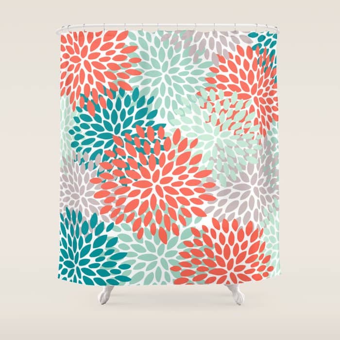 Floral Pattern, Orange, Teal, Mint Green, Flower Print Shower Curtain