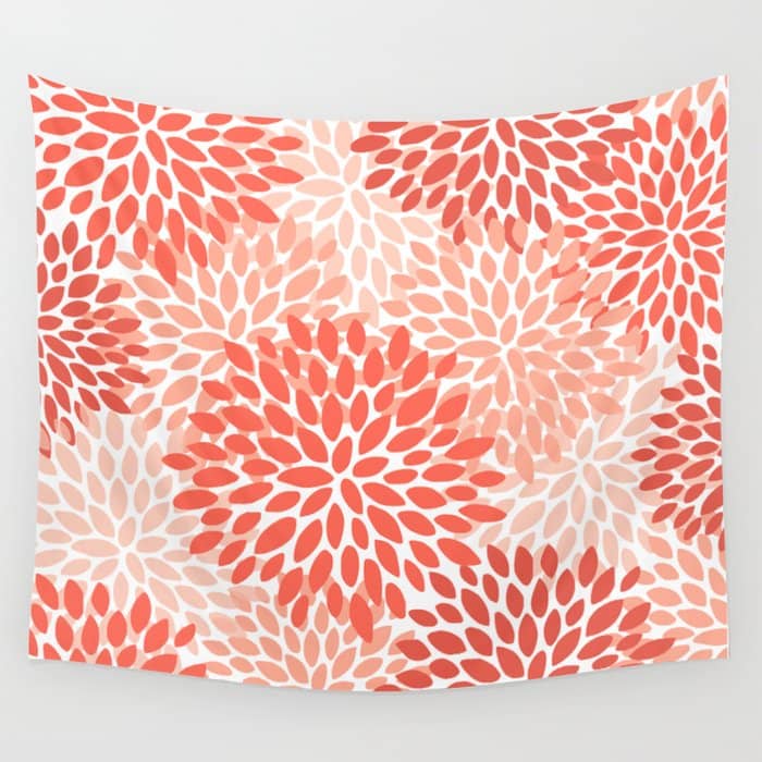 Flowers Pattern, Coral, Pink, Floral Prints Wall Tapestry