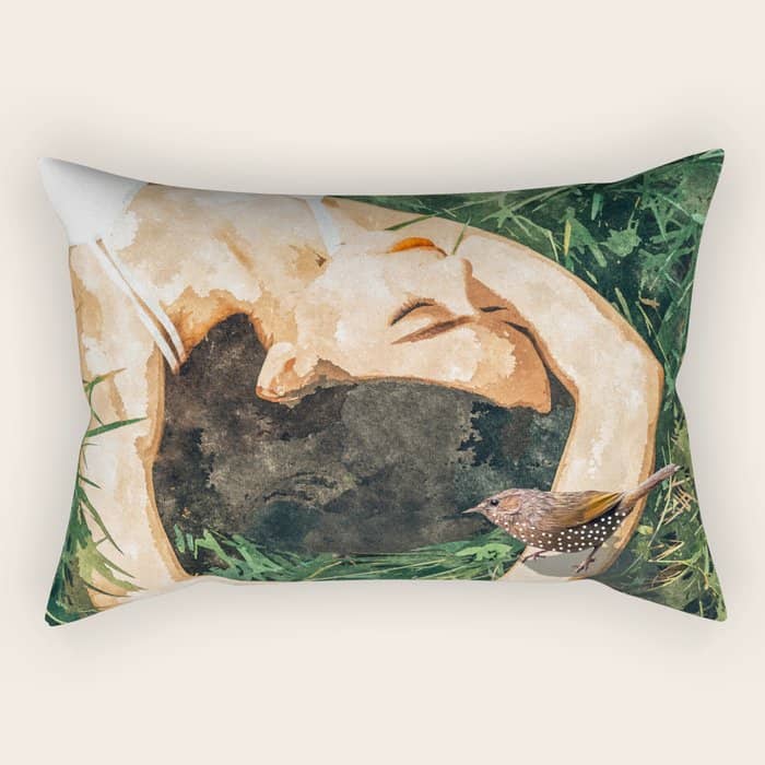 Jungle Nap Painting, Nature Illustration, Woman & Birds Portrait Rectangular Pillow