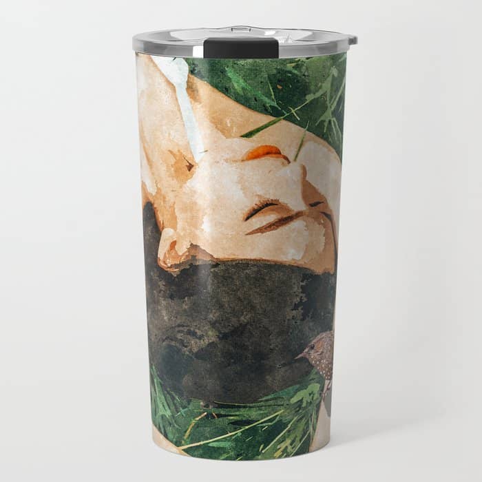 Jungle Nap Painting, Nature Illustration, Woman & Birds Portrait Travel Mug