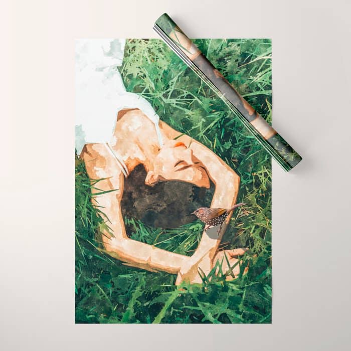 Jungle Nap Painting, Nature Illustration, Woman & Birds Portrait Wrapping Paper