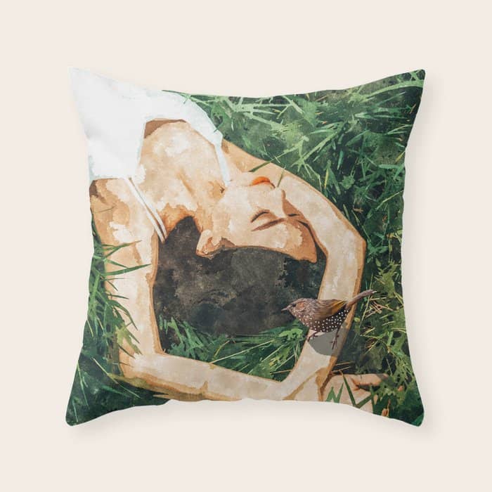 Jungle Nap Painting, Nature Illustration, Woman & Birds Portrait Throw Pillow