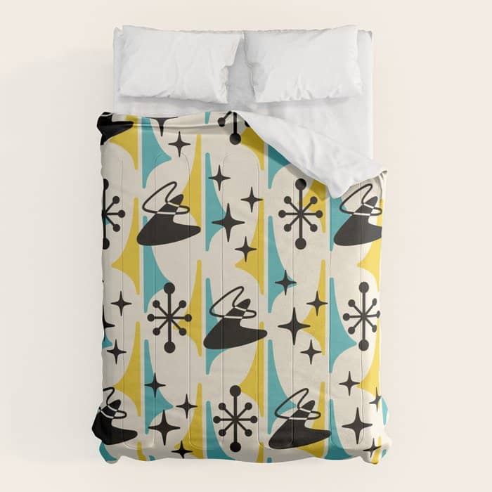 Mid Century Modern Cosmic Boomerang 726 Black Turquoise And Yellow Comforter