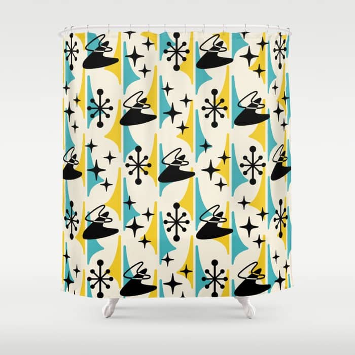 Mid Century Modern Cosmic Boomerang 726 Black Turquoise And Yellow Shower Curtain