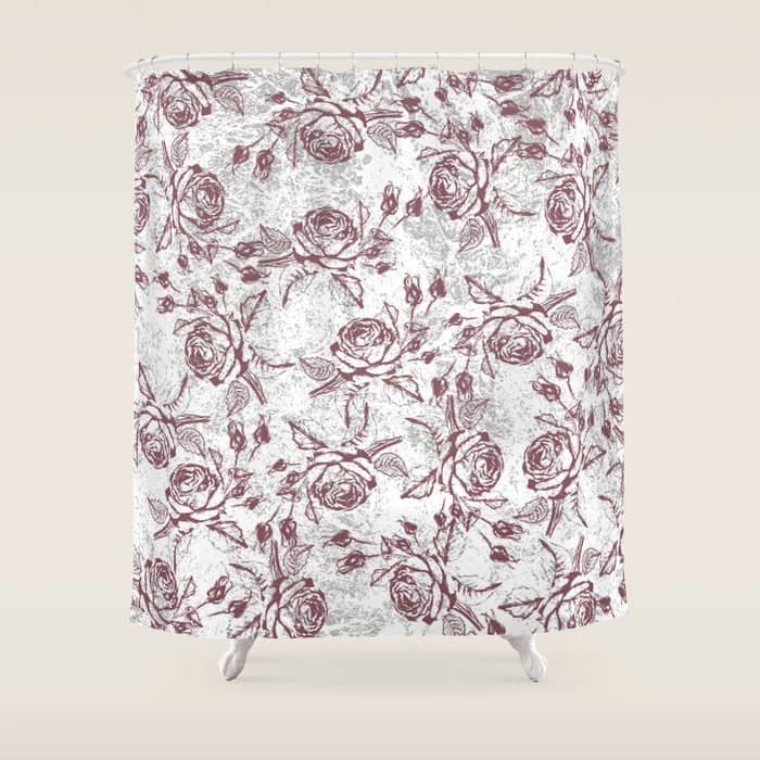 Vintage White Gray Burgundy Floral Marble Shower Curtain