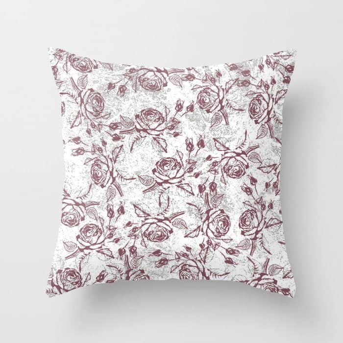 Vintage White Gray Burgundy Floral Marble Throw Pillow