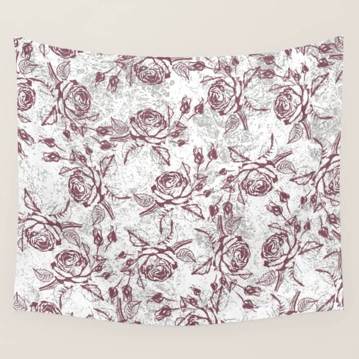 Vintage White Gray Burgundy Floral Marble Wall Tapestry