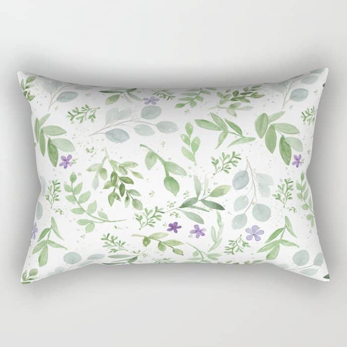 Botanical Forest Green Lavender Watercolor Floral Rectangular Pillow