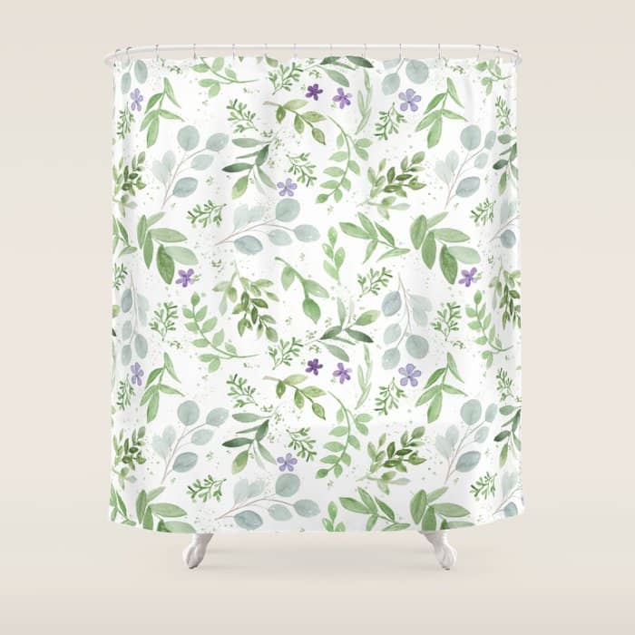 Botanical Forest Green Lavender Watercolor Floral Shower Curtain