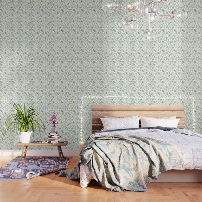 Botanical Forest Green Lavender Watercolor Floral Wallpaper