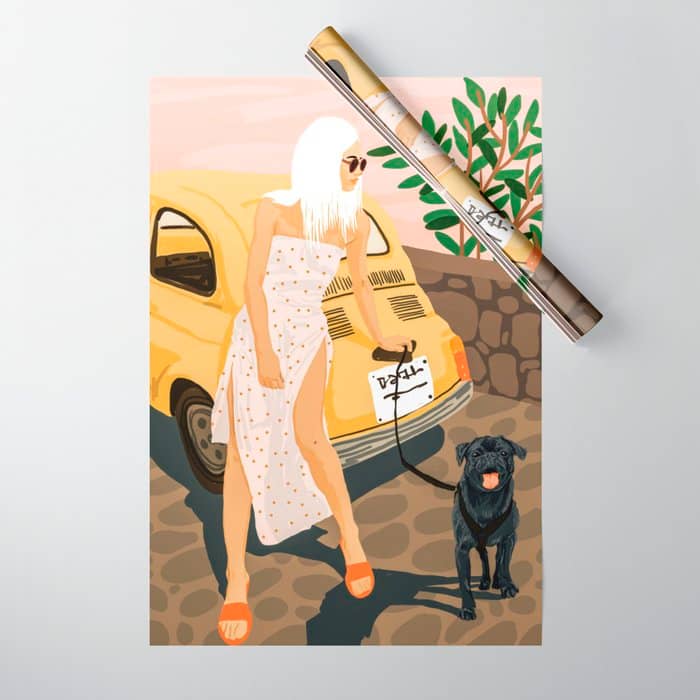 Tour, Pet Dog Walk, Italy Summer Fashion Woman, Animal Illustration, Travel Bohemian Cooper Painting Wrapping Paper