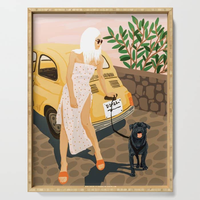 Tour, Pet Dog Walk, Italy Summer Fashion Woman, Animal Illustration, Travel Bohemian Cooper Painting Serving Tray
