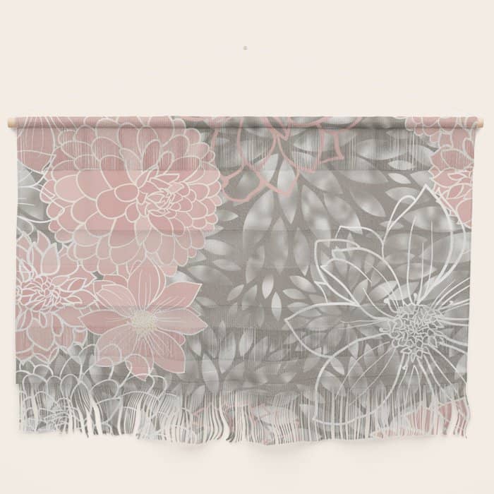 Floral Dahlias, Blush Pink, Gray, White Wall Hanging