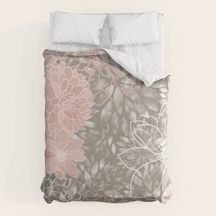Floral Dahlias, Blush Pink, Gray, White Duvet Cover