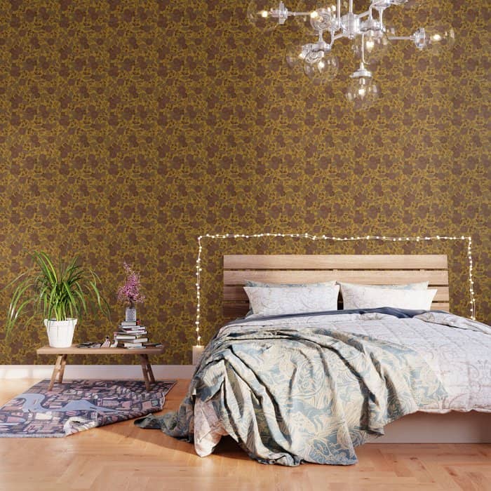 Mustard Yellow, Brown, Raisin, Taupe & Mauve Floral Pattern Wallpaper