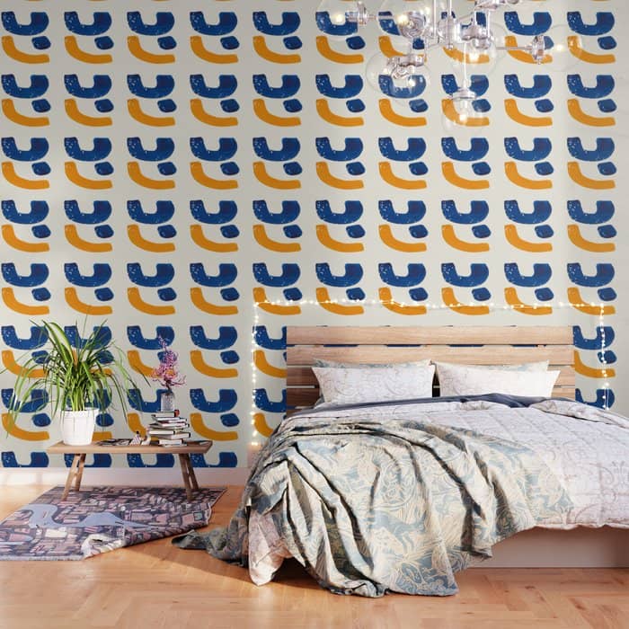 Minimalist Abstract Mid Century Modern Colorful Shape Yellow Blue Pattern Fun Art Wallpaper