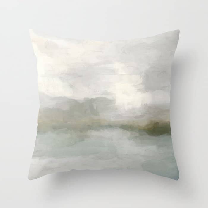 Break In The Weather Ii - Modern Abstract Painting, Light Teal, Sage Green Gray Cloudy Weather Ocean Throw Pillow
