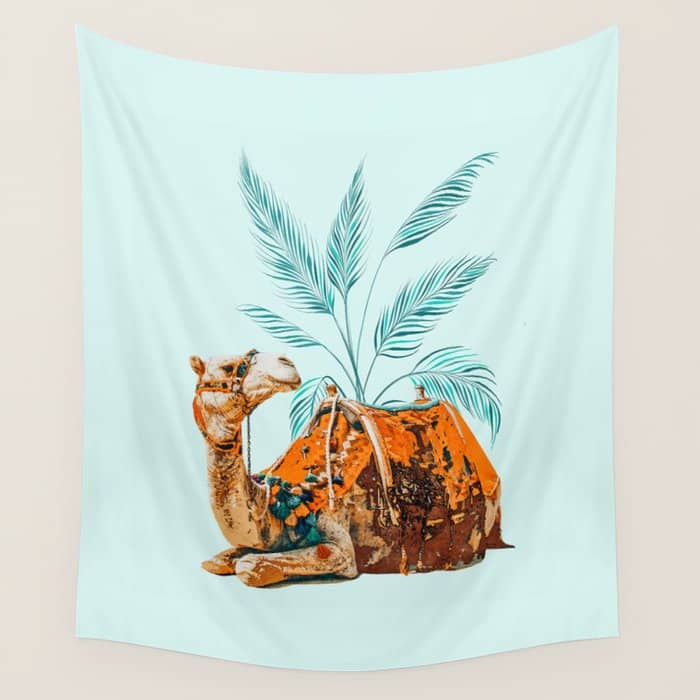 Camel Ride, Modern Bohemian Eclectic Animals, India Culture Travel Palm Desert Painting Wall Tapestry